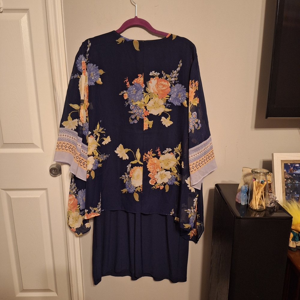 Sandra Darren Navy Dress with Floral Kimono Style Sheer Jacket - Picture 2 of 16